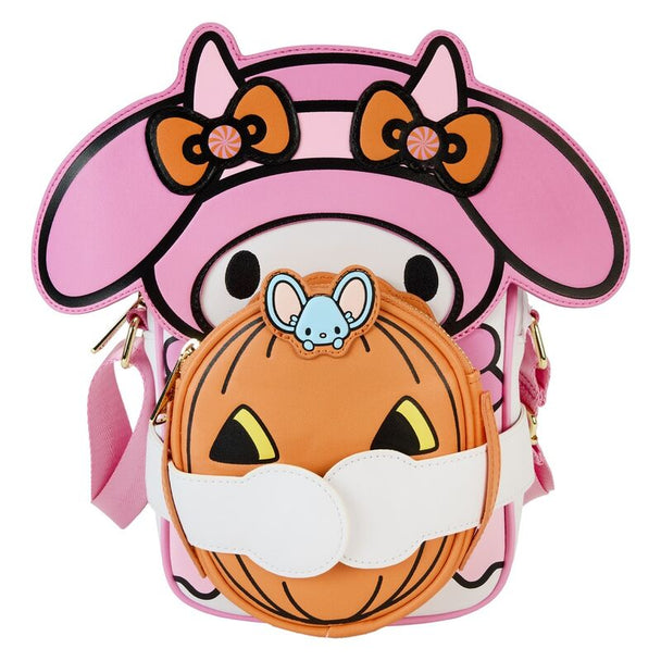 Vue de face du sac bandoulière Loungefly My Melody Devil en similicuir vegan avec détails dorés et broderies colorées
