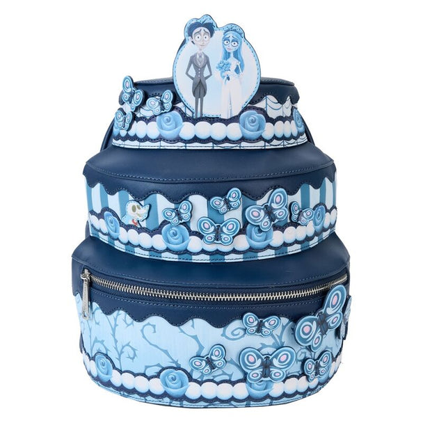 Vue avant du sac à dos Loungefly Corpse Bride Wedding Cake en simili cuir vegan avec détails embossés et appliqués