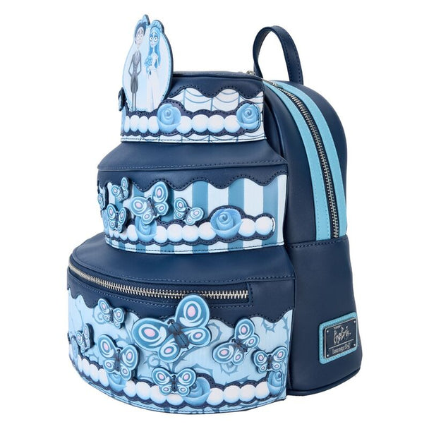 Gros plan sur les finitions métalliques argentées brillantes du sac à dos Loungefly Corpse Bride Wedding Cake