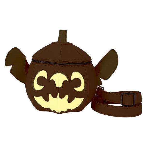 Zoom sur la quincaillerie en bronze et la sangle ajustable amovible du sac Stitch Citrouille Loungefly