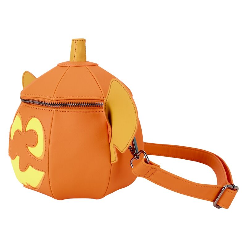 Vue latérale du sac Loungefly Disney Stitch avec détails brillants et doublure intérieure assortie