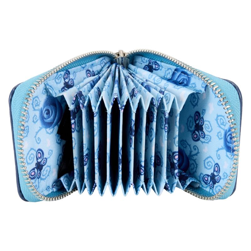 Présentation du portefeuille Loungefly Corpse Bride avec sa doublure intérieure assortie et design unique