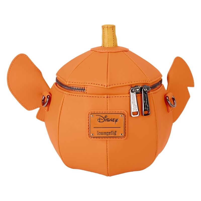 Détail des appliqués colorés représentant Stitch et la citrouille sur le sac bandoulière vegan