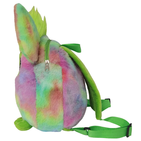 Vue latérale du sac à dos Furby montrant la texture peluche douce et les bandoulières ajustables.