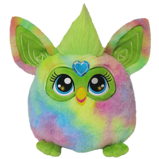 Sac à dos peluche Furby de couleur vive avec détails de visage expressifs, vu de face.