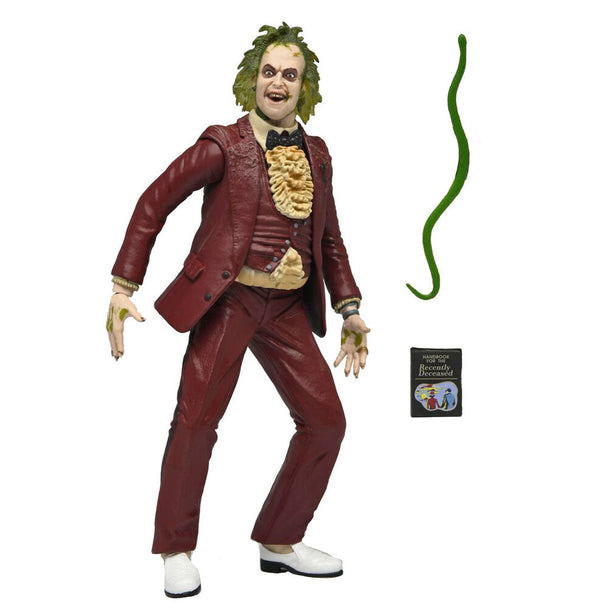 Détail du visage expressif de la figurine Beetlejuice en tuxedo rouge NECA