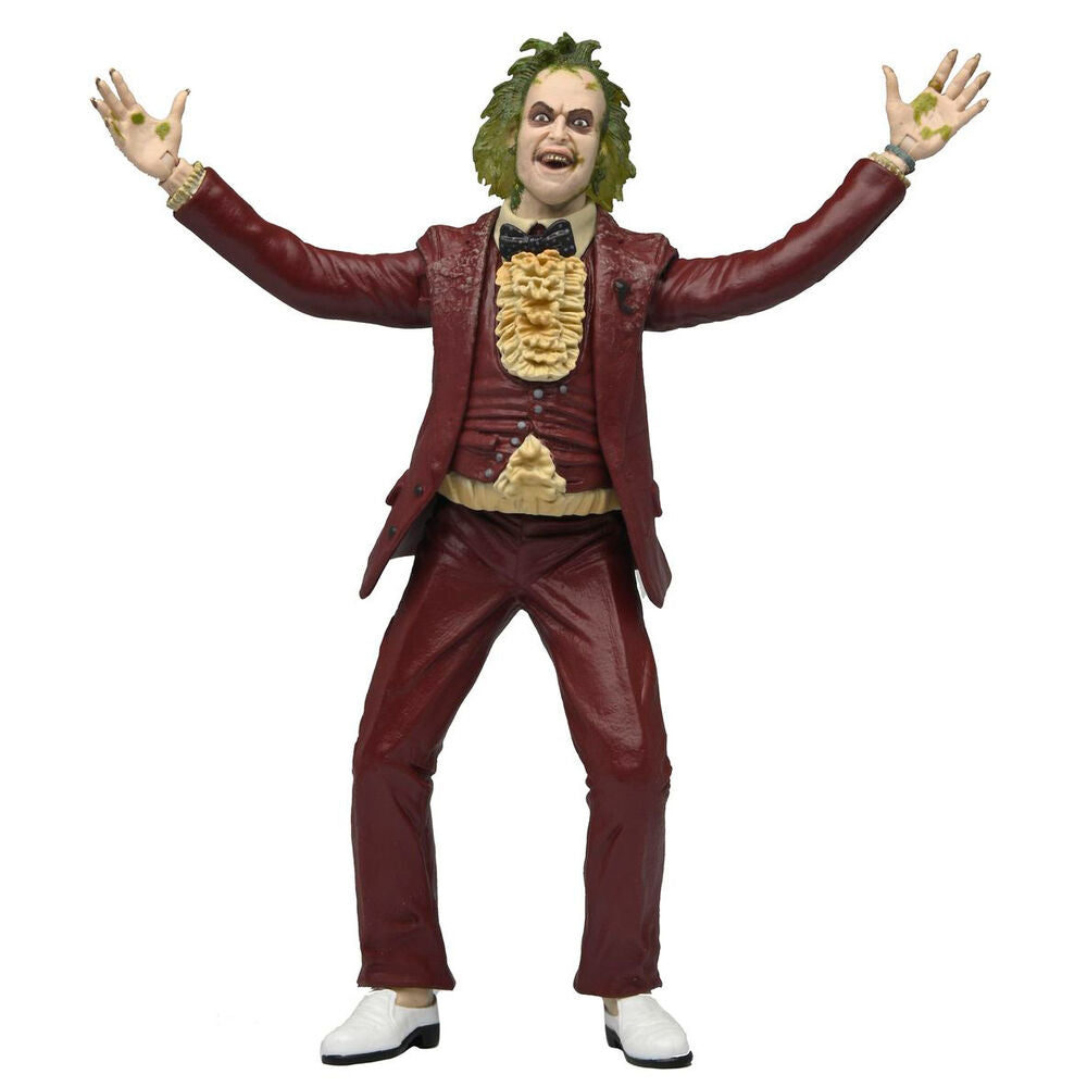 Figurine Beetlejuice NECA 18cm montrant le costume rouge et les mains articulées
