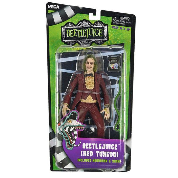 Figurine NECA Beetlejuice 18cm en costume rouge sur fond blanc, vue de face