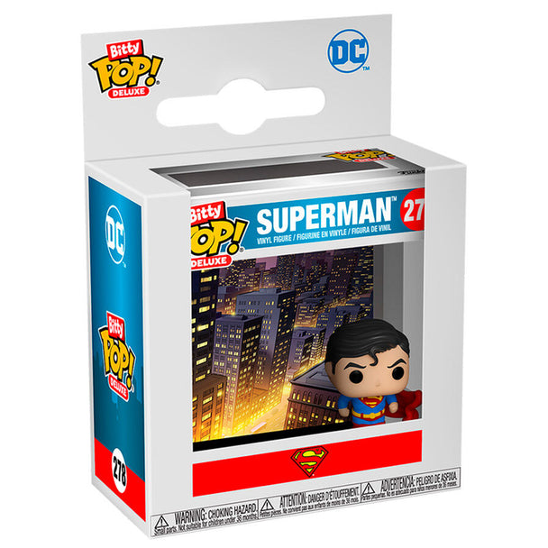 Figurine Funko Bitty POP Deluxe Superman en position héroïque avec costume bleu et cape rouge, dimensions 6,20x6x3,125cm