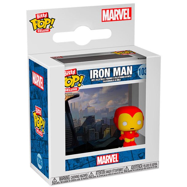 Figurine Funko Bitty POP Deluxe Iron Man Marvel vue de face avec détails précis de l'armure rouge et or