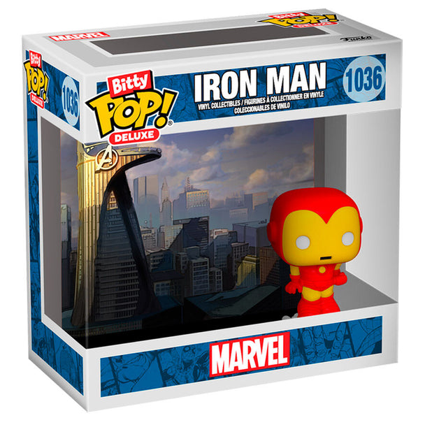Figurine Funko Bitty POP Deluxe Iron Man Marvel positionnée sur fond blanc montrant ses dimensions compactes