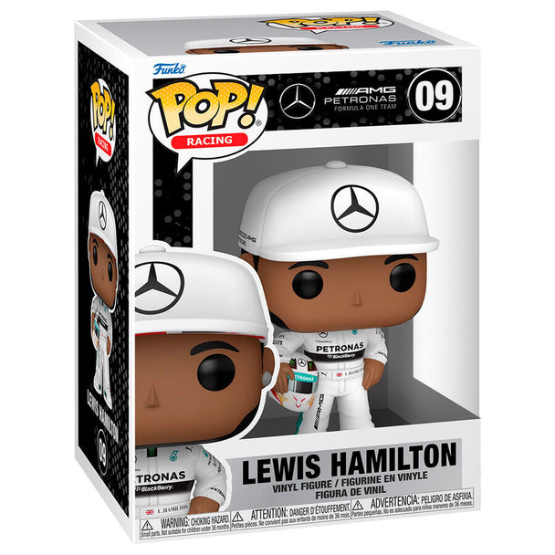Figurine Funko POP Lewis Hamilton en vinyle de 9 cm avec casque de Formule 1, présentée dans sa boîte cadeau officielle.