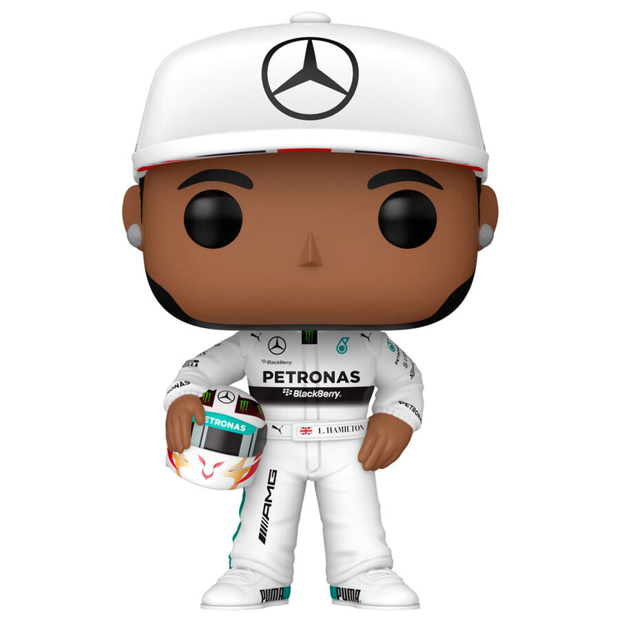 Vue rapprochée de la figurine Funko POP Lewis Hamilton Formula 1 montrant les détails du visage et du costume de pilote.