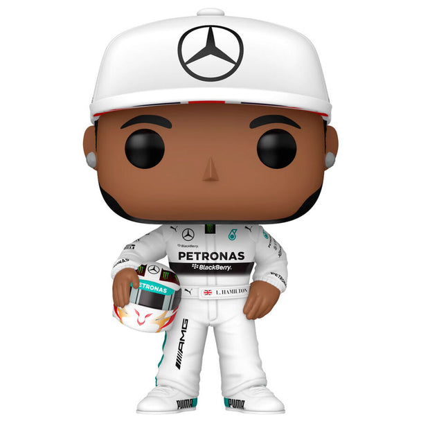 Vue rapprochée de la figurine Funko POP Lewis Hamilton Formula 1 montrant les détails du visage et du costume de pilote.