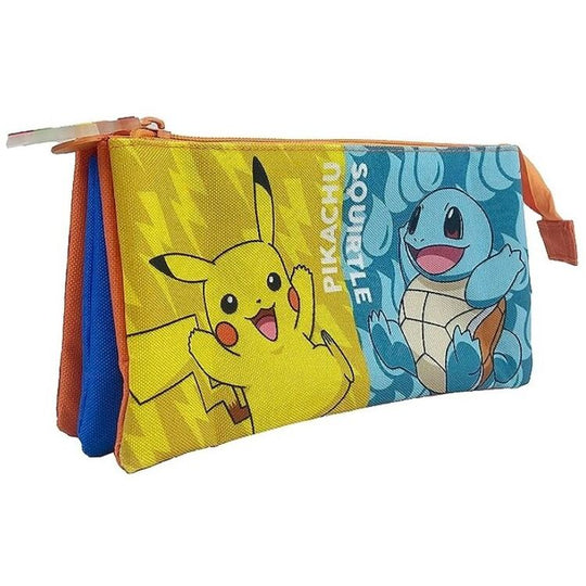 Trousse triple Pokémon Starters avec compartiments, dimensions 22x4x12 cm, design coloré et pratique pour ranger crayons et stylos.