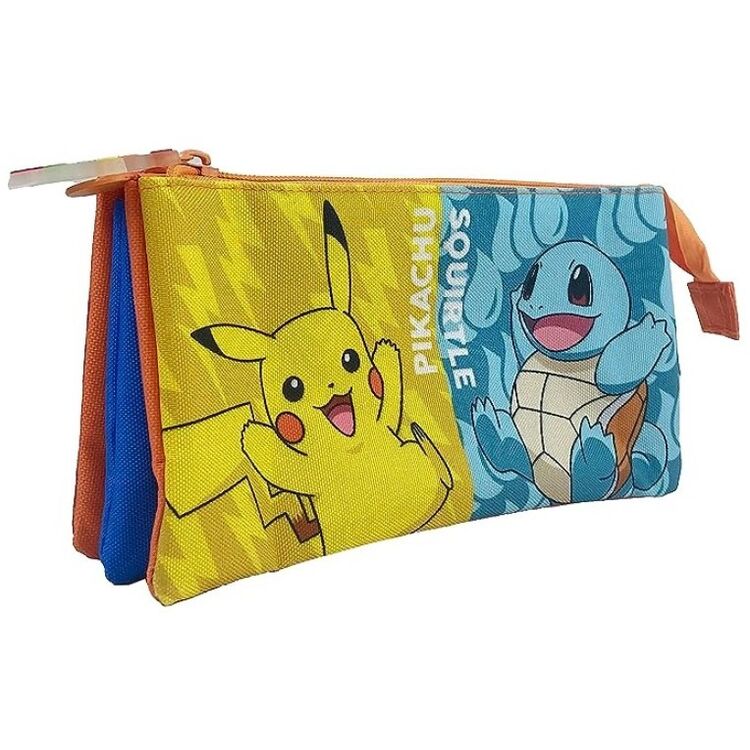 Trousse triple Pokémon Starters avec compartiments, dimensions 22x4x12 cm, design coloré et pratique pour ranger crayons et stylos.