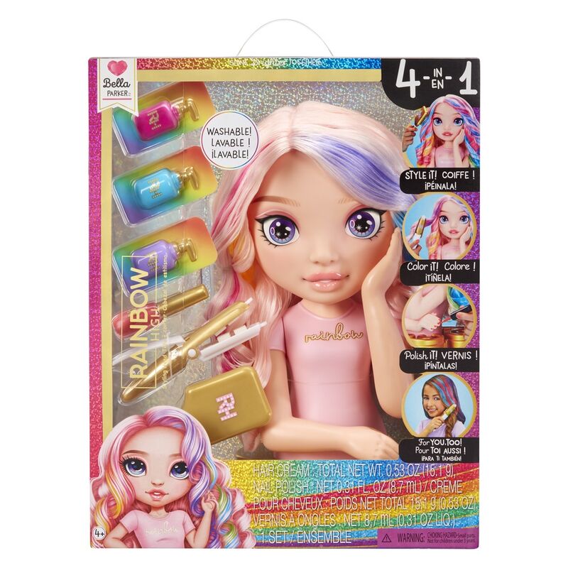 Tête à coiffer Rainbow High Bella Parker de 33 cm avec cheveux longs et accessoires de coiffure inclus.