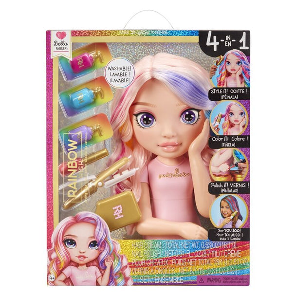 Tête à coiffer Rainbow High Bella Parker de 33 cm avec cheveux longs et accessoires de coiffure inclus.
