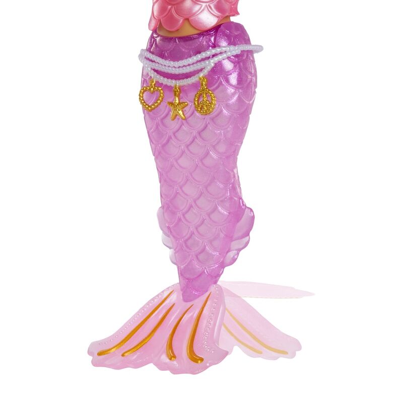 Vue latérale de la poupée Cleo Cove montrant sa tenue sirène et ses cheveux stylés