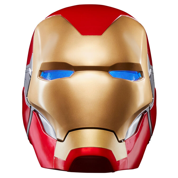 Casque électronique Iron Man Avengers Endgame HASBRO vue de face avec éclairage des yeux activé