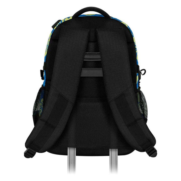 Vue détaillée du sac à dos Stitch avec port USB intégré et poches latérales en filet