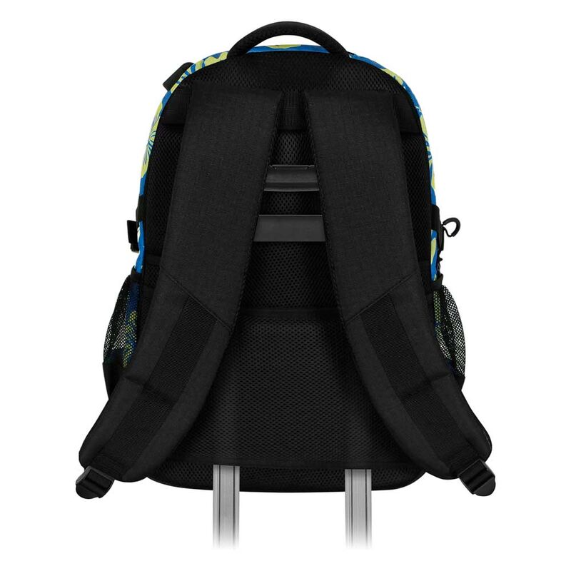 Vue détaillée du sac à dos Stitch avec port USB intégré et poches latérales en filet