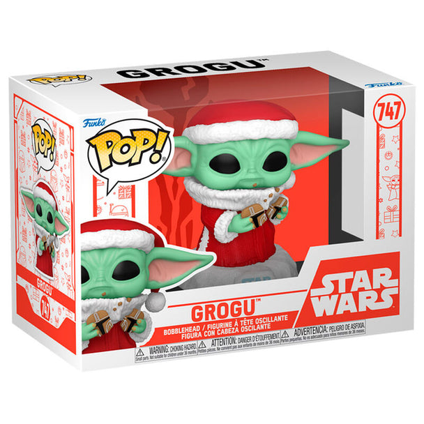Figurine Funko POP Grogu Star Wars de 9 cm tenant un cookie de Noël dans sa boîte cadeau