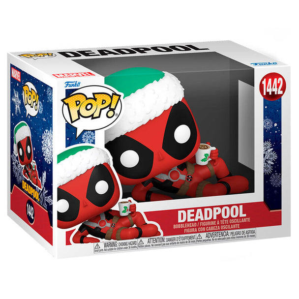 Figurine Funko POP Deadpool Marvel de 9 cm tenant une tasse de chocolat chaud dans un coffret cadeau