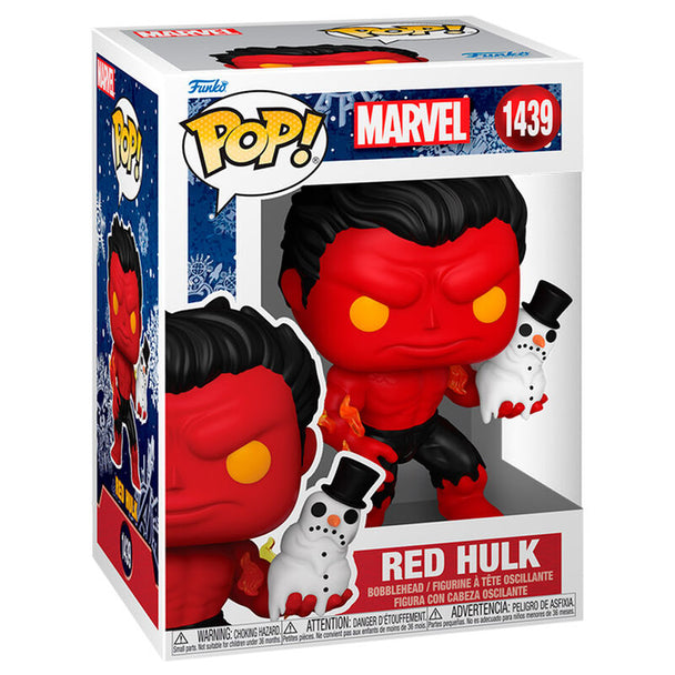 Figurine Funko POP Red Hulk Marvel en vinyl de 9cm avec un bonhomme de neige, présentée dans sa boîte cadeau