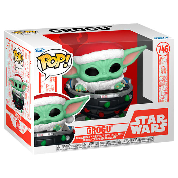 Figurine Funko POP Grogu de Star Wars avec chapeau de Noël assis dans un landau, vue de face