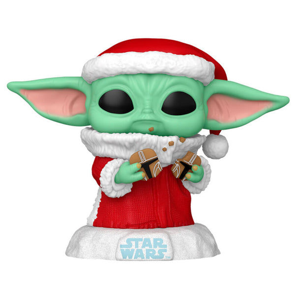 Vue de face de la figurine Funko POP Grogu avec cookie de Noël sur fond blanc