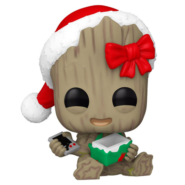 Vue rapprochée de la figurine Funko POP Groot Marvel avec son coffret cadeau élégant