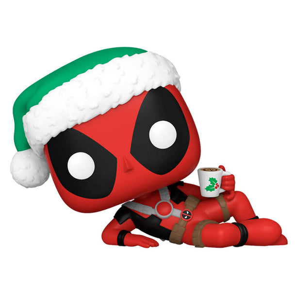 Vue détaillée de la figurine Deadpool Funko POP avec chocolat chaud, en vinyle et emballage d'origine