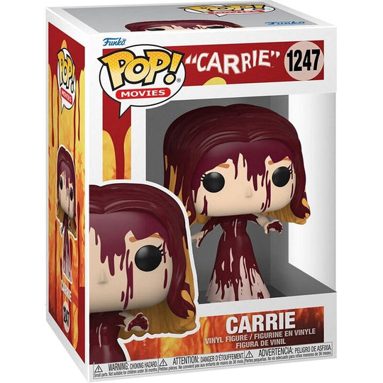 Vue rapprochée de la figurine Funko POP Carrie, mettant en valeur les détails du vinyle et le packaging