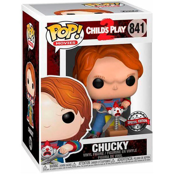 Figurine Funko POP Chucky 9 cm exclusive de Child's Play 2 vue de face dans sa boîte cadeau