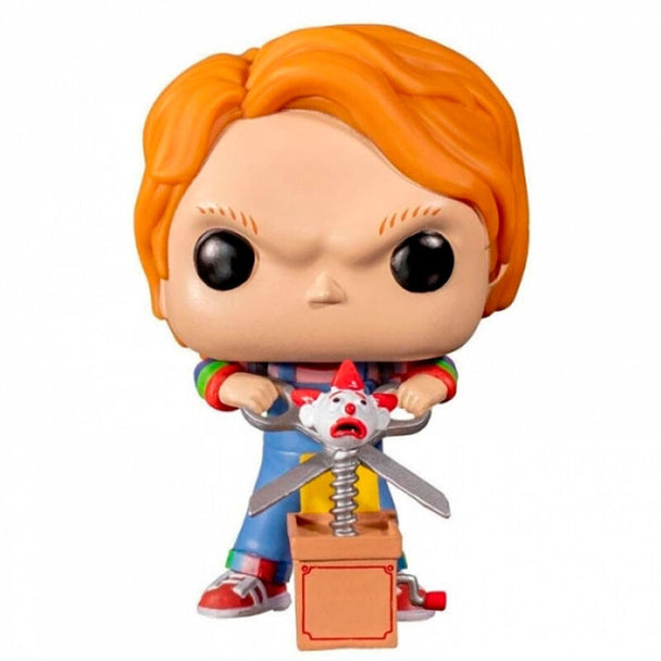 Détail de la figurine Chucky Funko POP exclusive avec son visage terrifiant et ses vêtements colorés