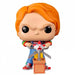 Détail de la figurine Chucky Funko POP exclusive avec son visage terrifiant et ses vêtements colorés