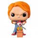 Détail de la figurine Chucky Funko POP exclusive avec son visage terrifiant et ses vêtements colorés