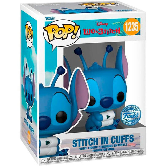 Figurine Funko POP Stitch en menottes exclusive, vue de face avec détails colorés et boîte cadeau
