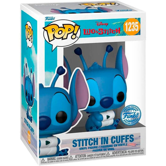 Figurine Funko POP Stitch en menottes exclusive, vue de face avec détails colorés et boîte cadeau