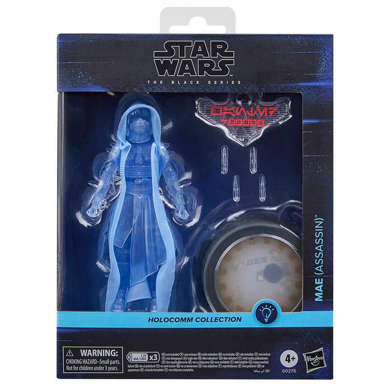 Figurine Star Wars Mae Assassin Holocomm 15cm vue de face avec éclairage holographique activé