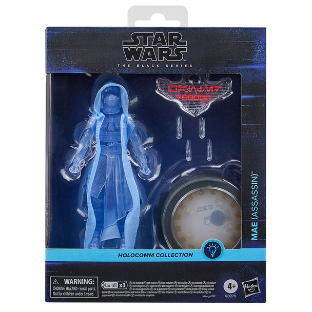 Figurine Star Wars Mae Assassin Holocomm 15cm vue de face avec éclairage holographique activé