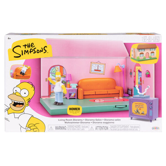 Vue d'ensemble du playset maison des Simpsons avec salon et façade extérieure détaillés