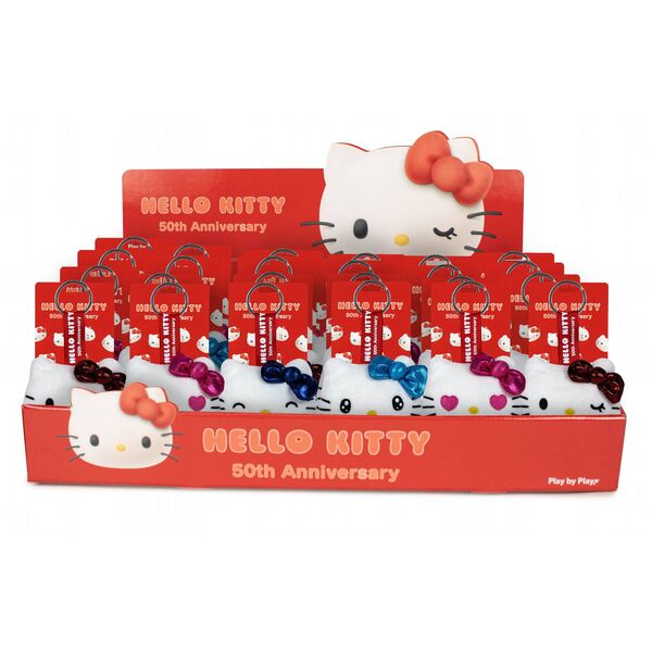 Porte-clés peluche Hello Kitty de 7 cm assorti signé PLAY BY PLAY, vue de face avec détails colorés.