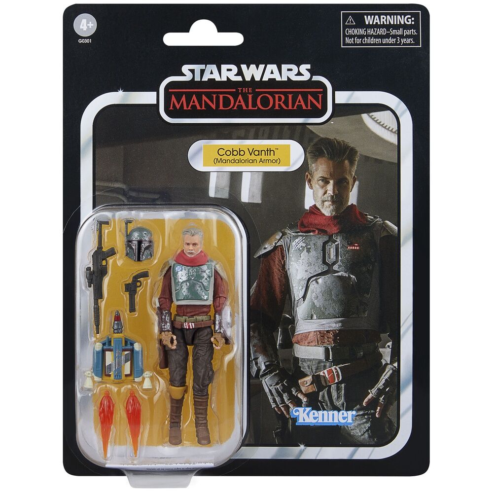 Vue latérale de la figurine Cobb Vanth montrant l'armure Mandalorian complète