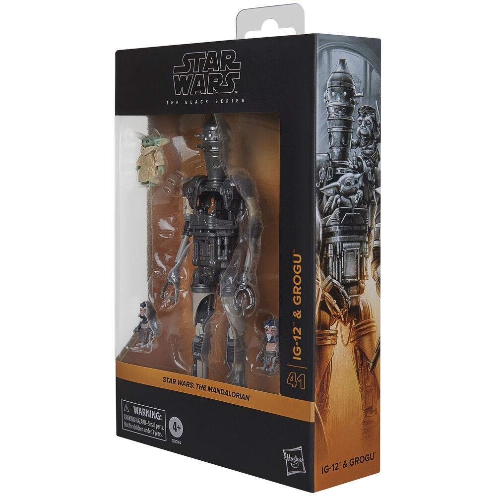 Présentation des deux figurines sur un socle, collection Star Wars The Mandalorian