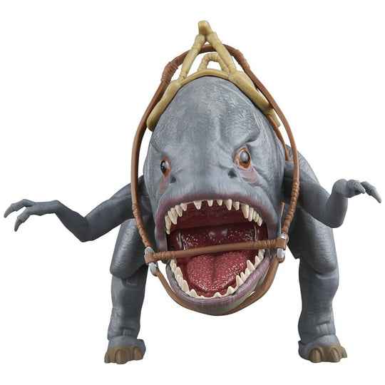 Le Blurrg avec ses rênes, prêt à être monté par le Mandalorian