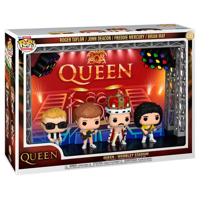Figurine POP Moments Deluxe représentant Freddie Mercury de Queen sur scène au Wembley Stadium, avec micro en main et tenue emblématique