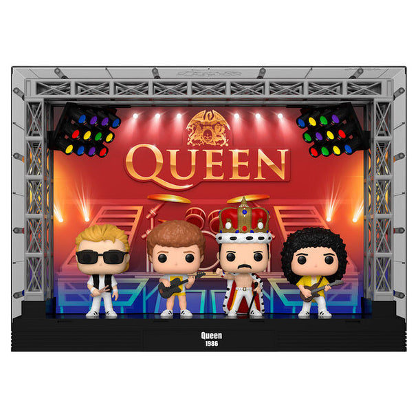 Vue de la figurine POP Moments Deluxe Queen au Wembley Stadium montrant le groupe en pleine performance avec détails précis et couleurs vives