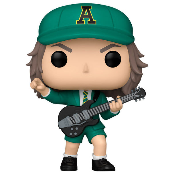 Boîte cadeau de la figurine Funko POP Angus Young AC/DC édition verte, vue de face et détails
